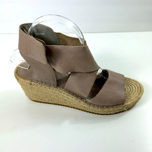 Eileen Fisher Willow Wedge Cross Strap Espadrille Beige Leather Womens 9